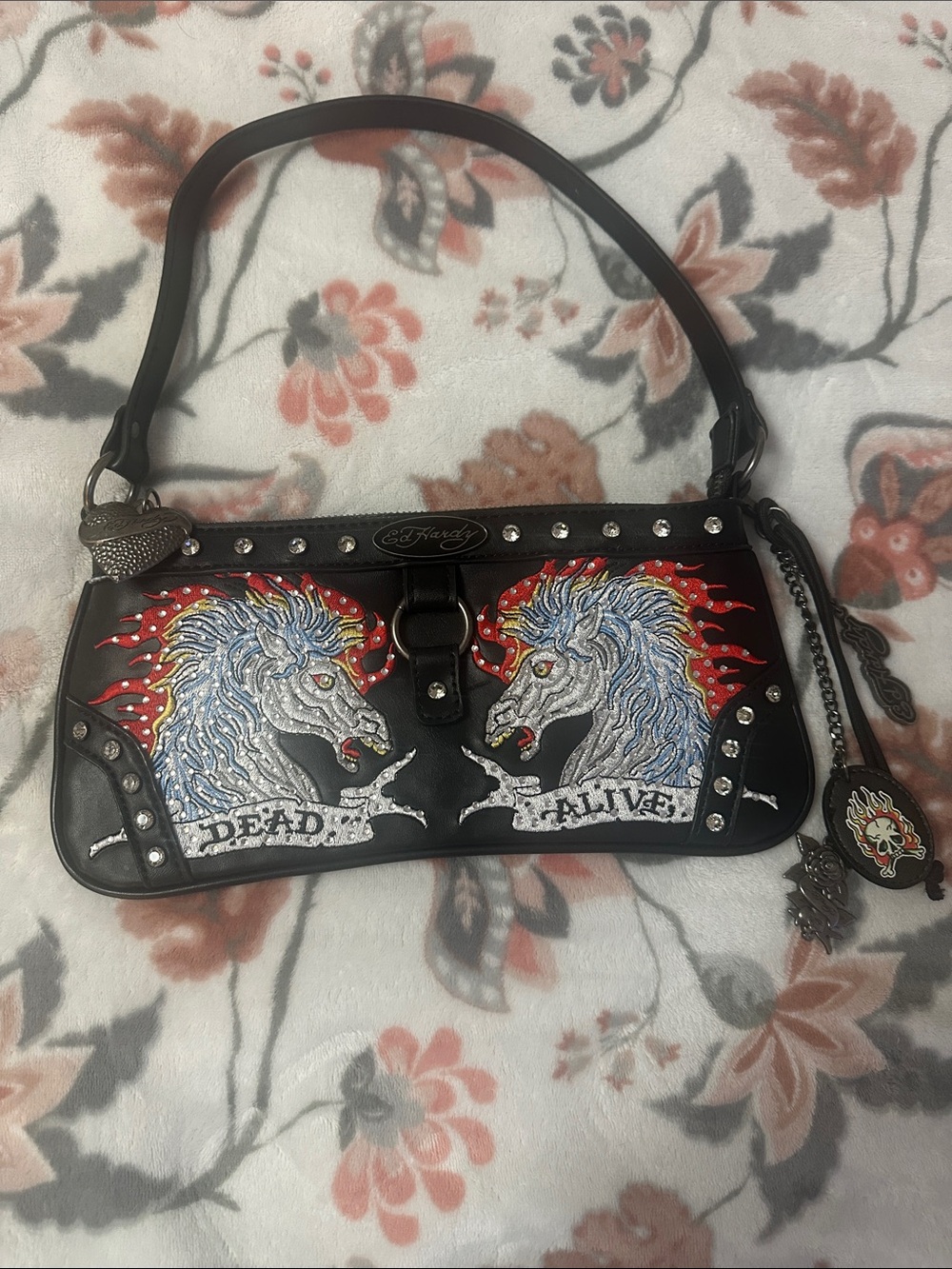 Ed Hardy Black Shoulder Bag with Dual Unicorn Embroidery and Red Flame Accents